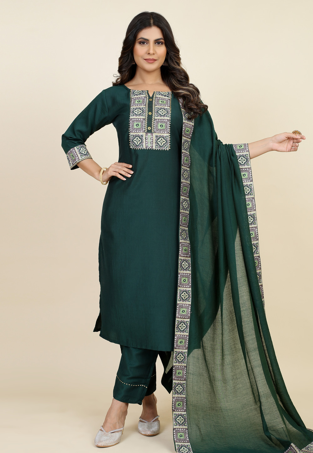 Green Chinon Silk Readymade Pant Style Suit 283178