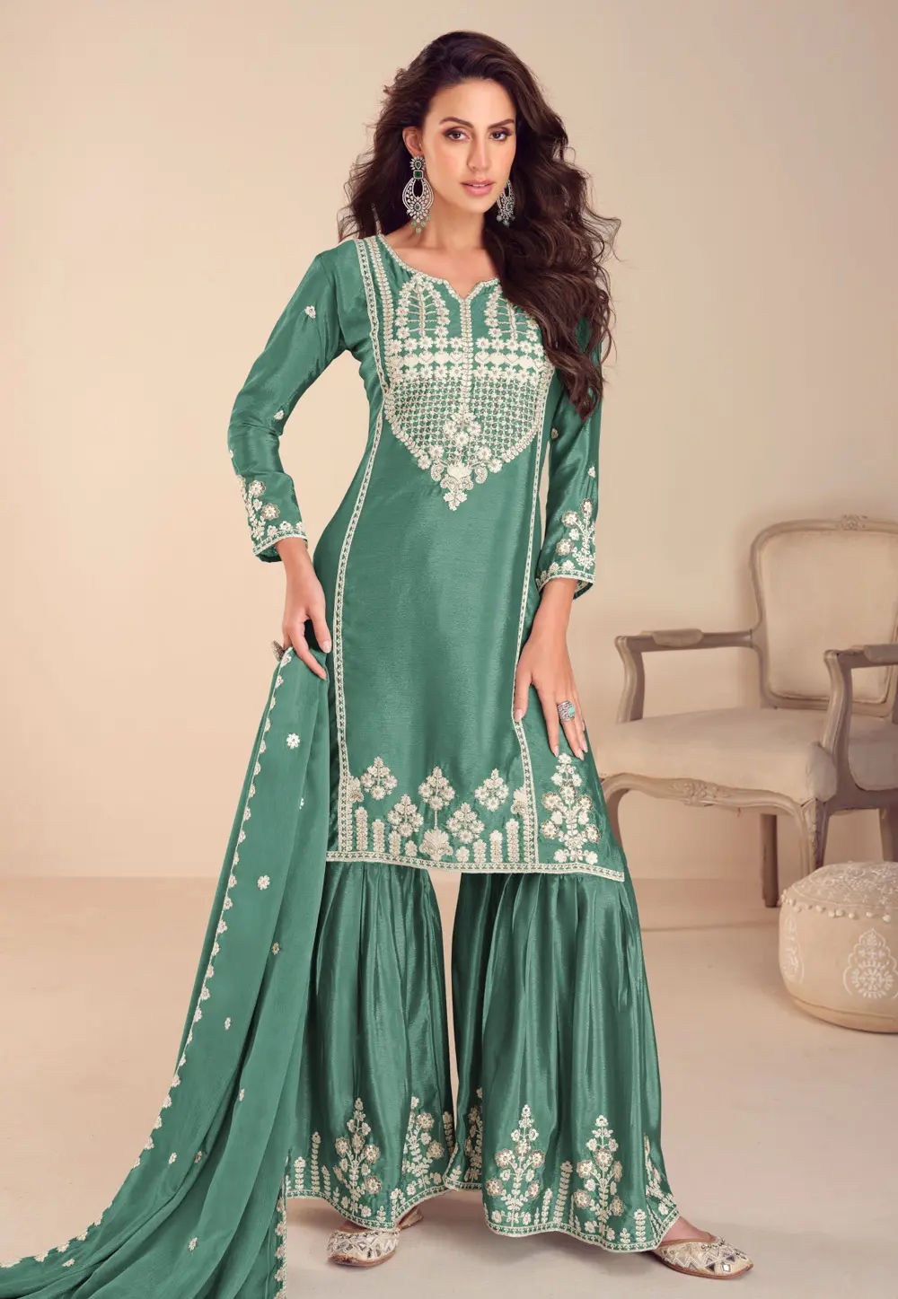 Green Chinon Silk Sharara Suit 297288