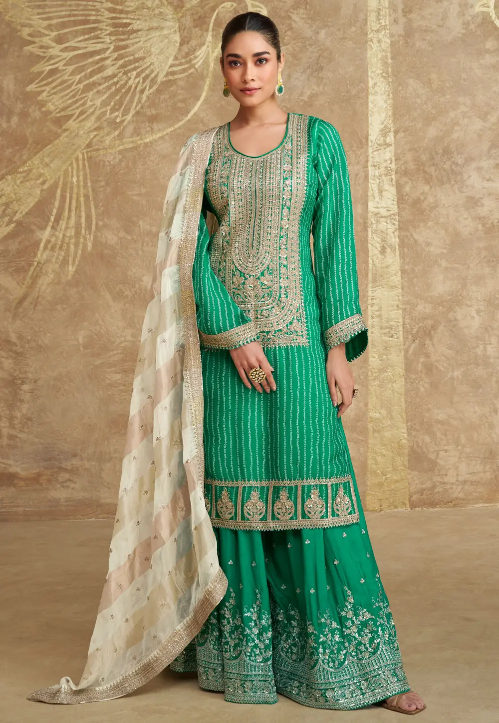 Green Chinon Silk Sharara Suit 297283