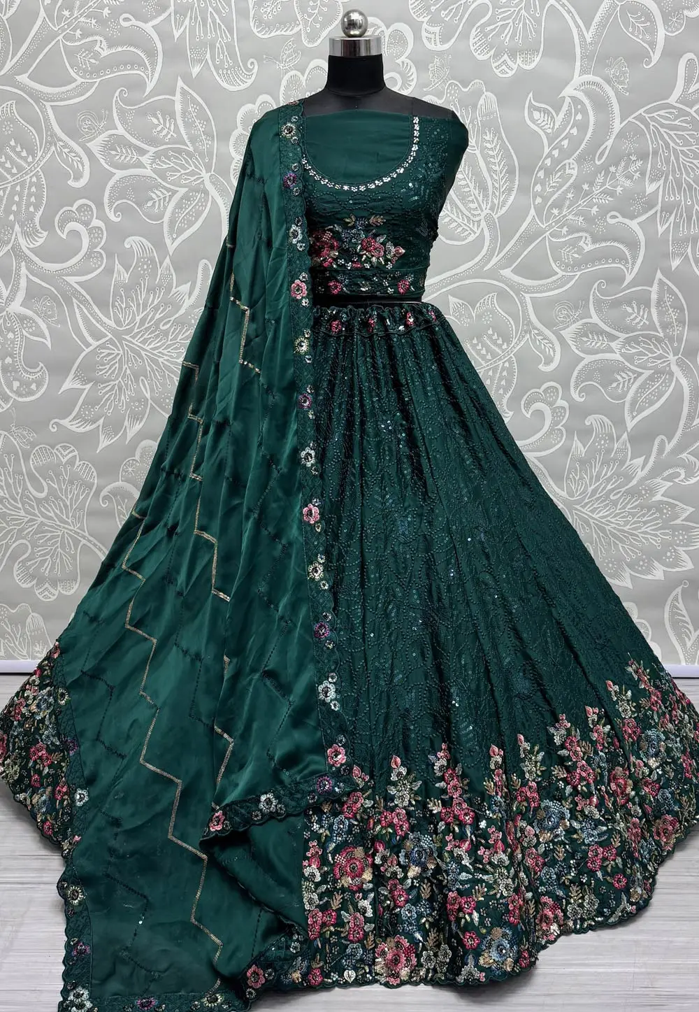 Green Chinon Wedding Lehenga Choli 300548