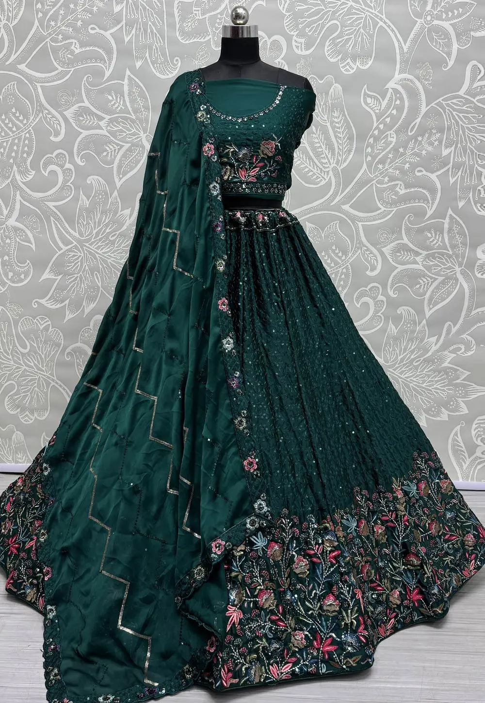 Green Chinon Wedding Lehenga Choli 300552