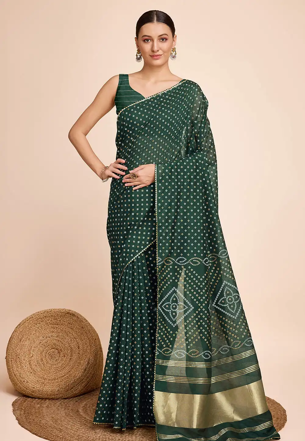 Green Cotton Bandhani Print Saree Indian Cloth Store