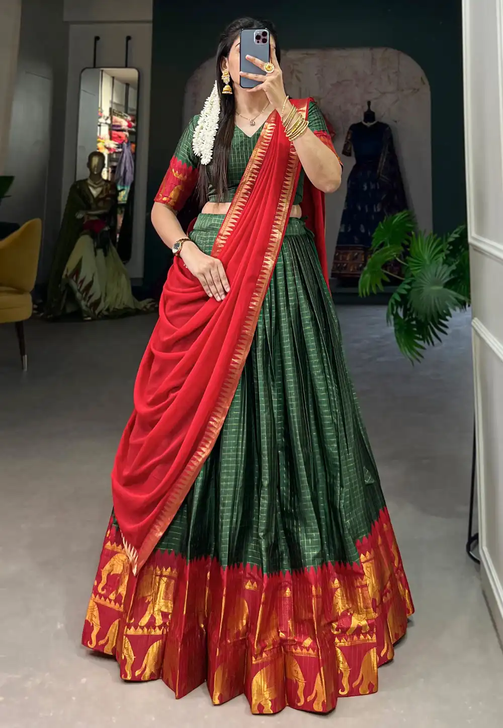 Green Cotton Circular Lehenga Choli 292351