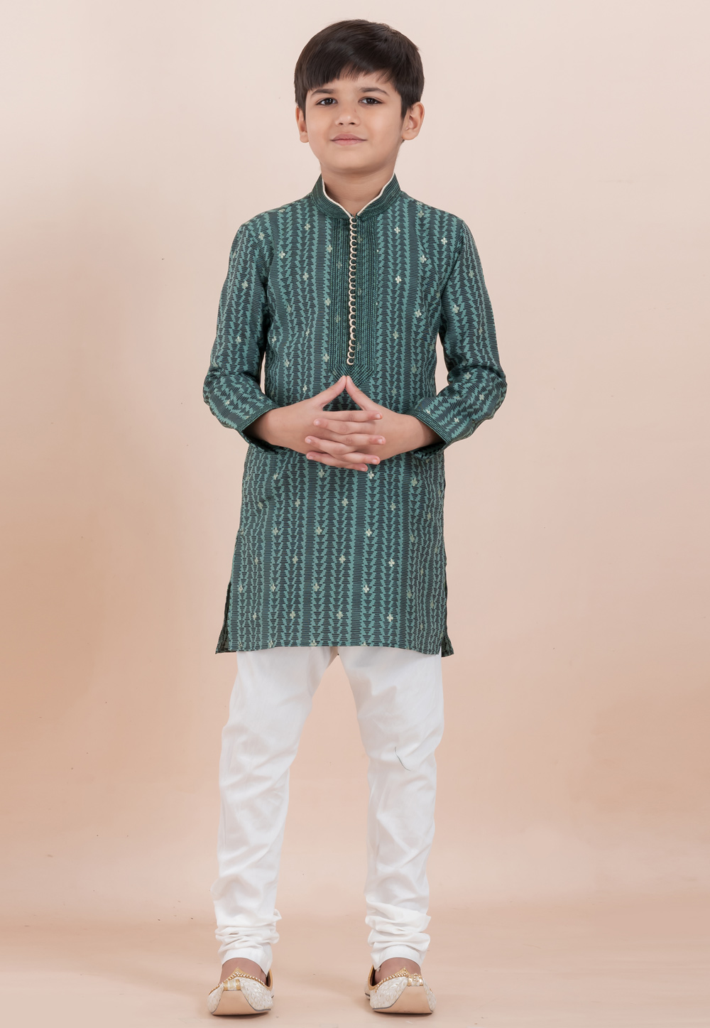 Green Cotton Jacquard Kids Kurta Pajama 305989