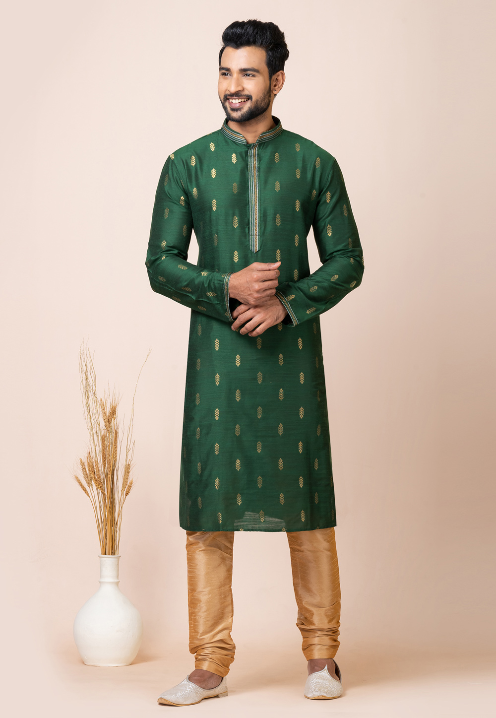 Green Cotton Jacquard Kurta Pajama 286246