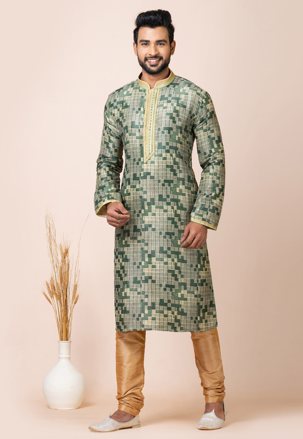 Green Cotton Jacquard Kurta Pajama 286255