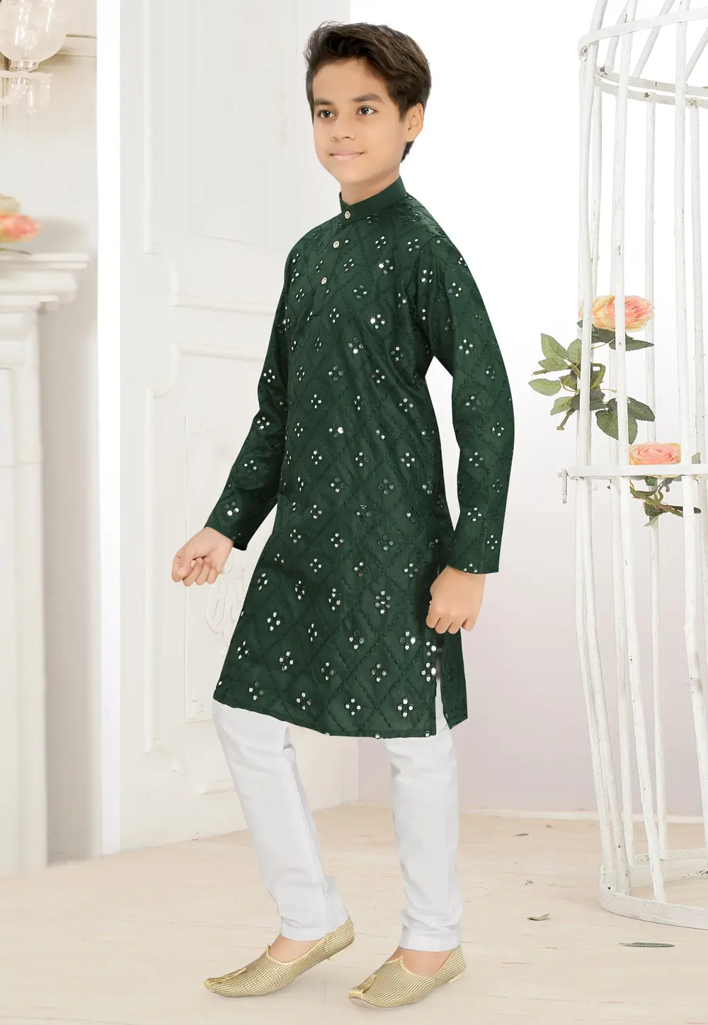 Green Cotton Kids Kurta Pajama 298427