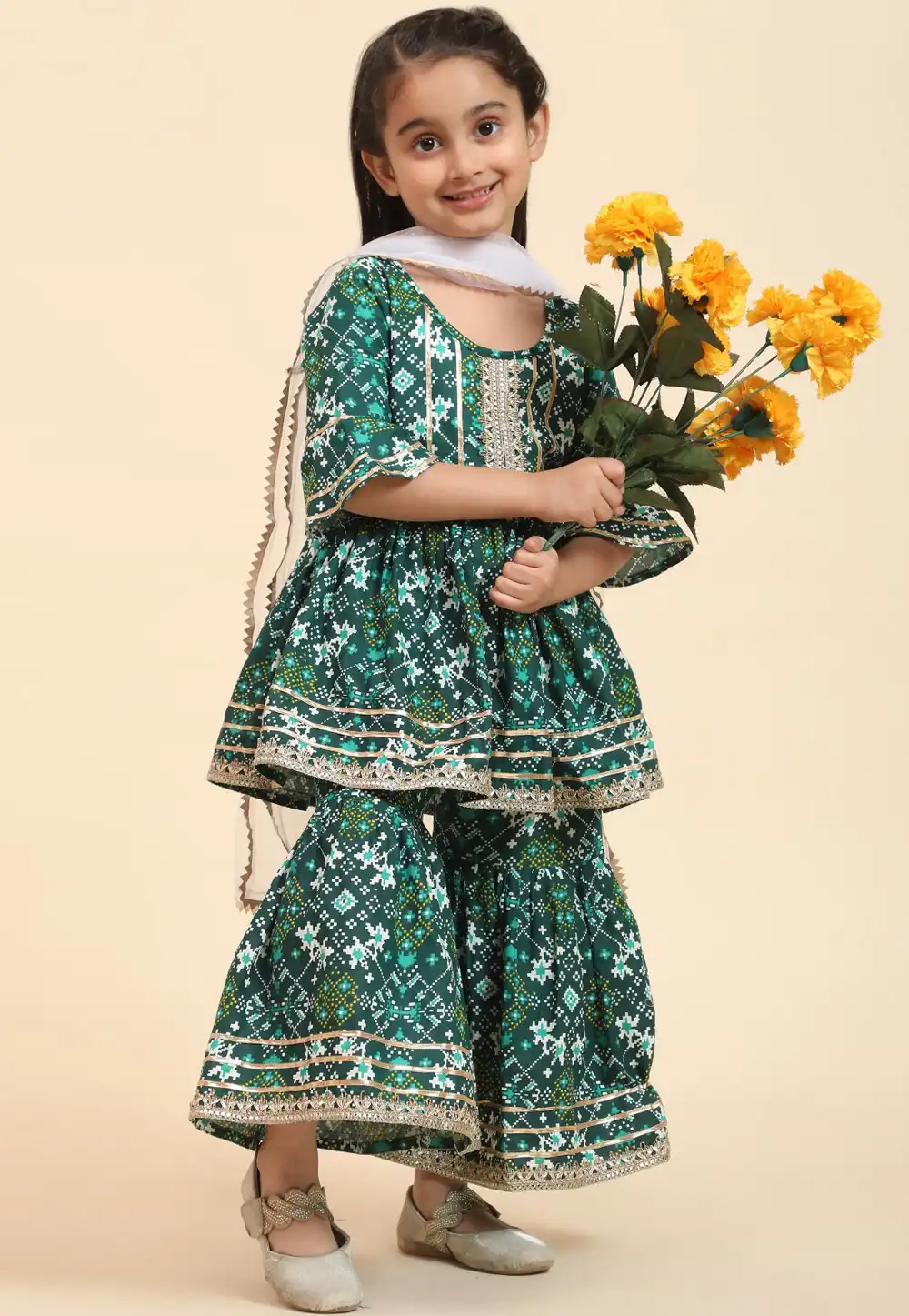 Green Cotton Kids Sharara Suit 293564