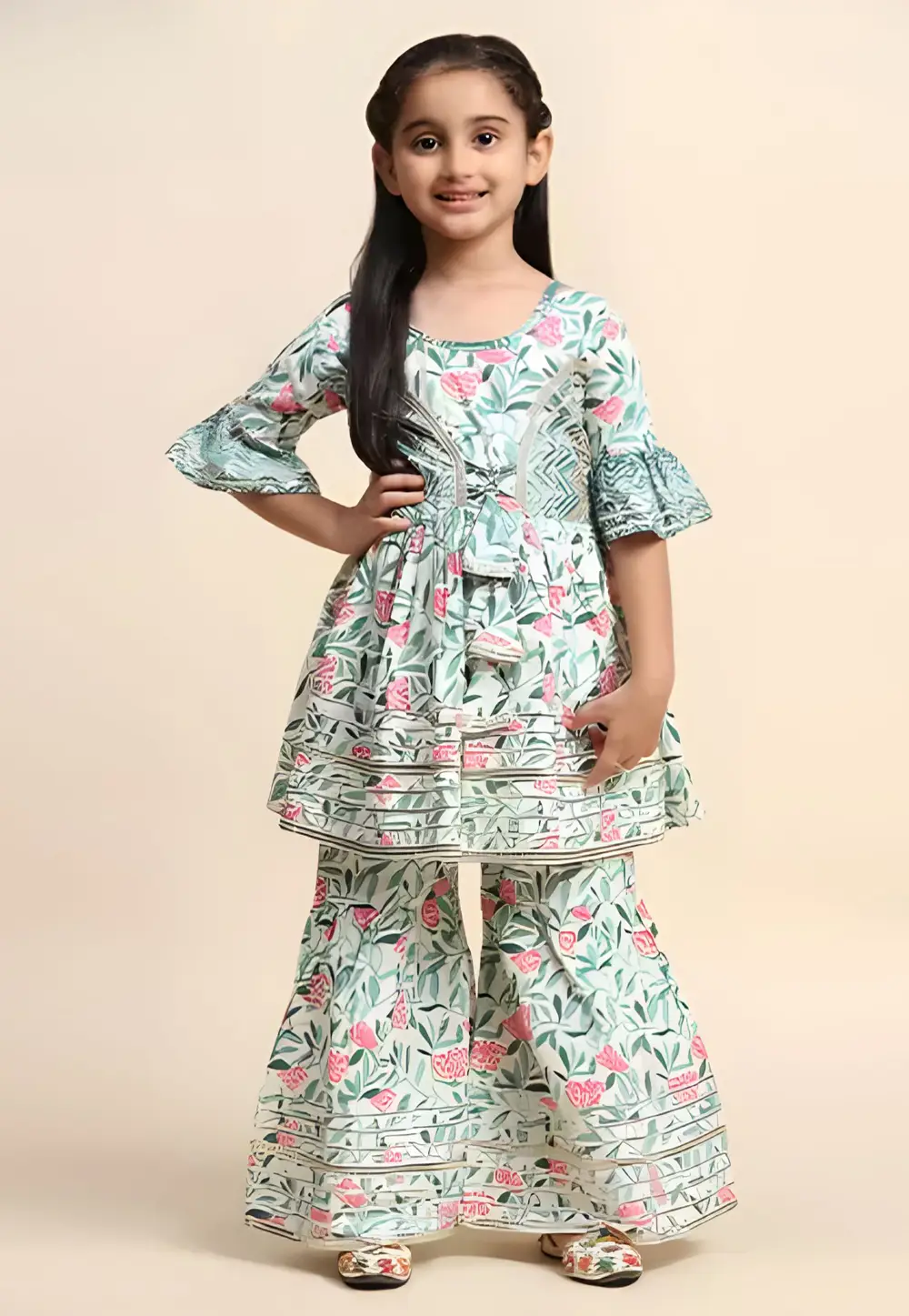 Green Cotton Kids Sharara Suit 296601