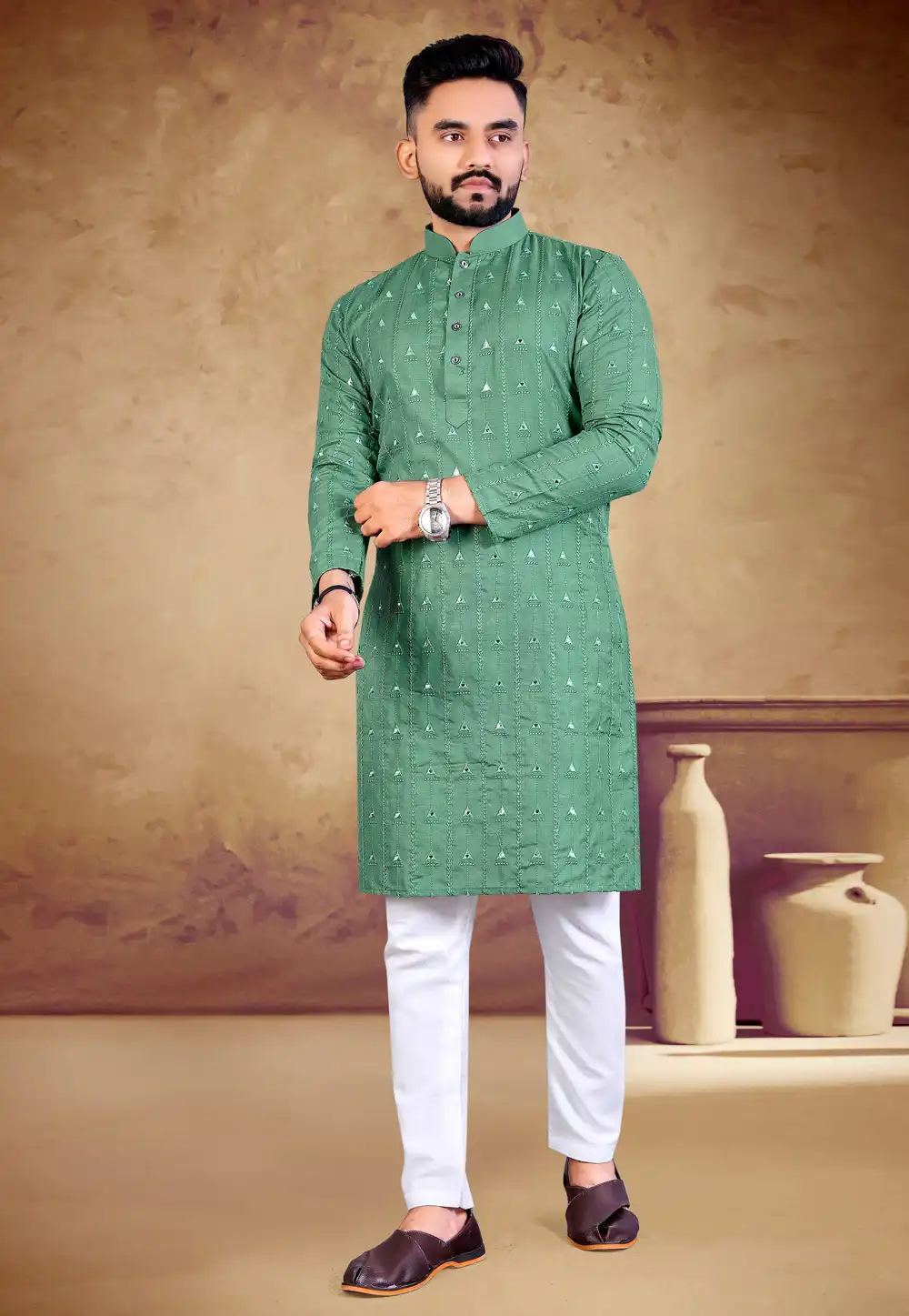 Green Cotton Kurta Pajama 293415