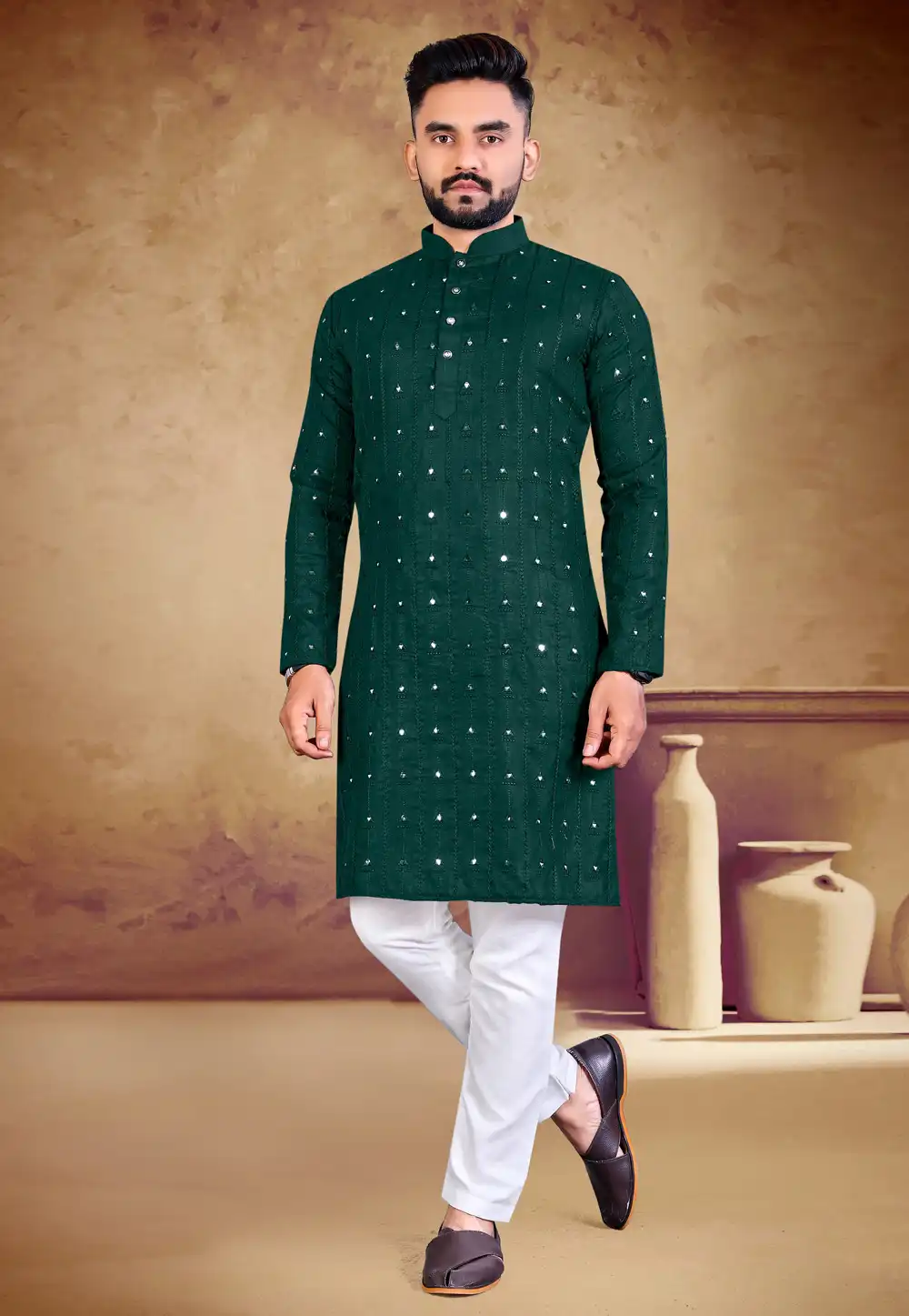 Green Cotton Kurta Pajama 293416