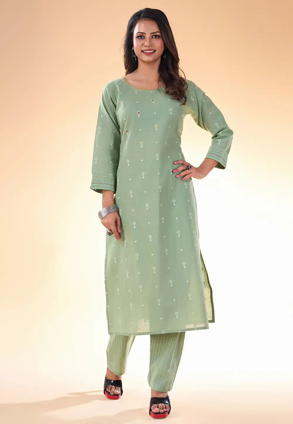 Green Cotton Kurta Set With Pent 287975