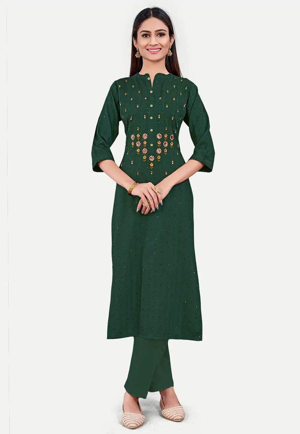 Green Cotton Long Kurti 288086