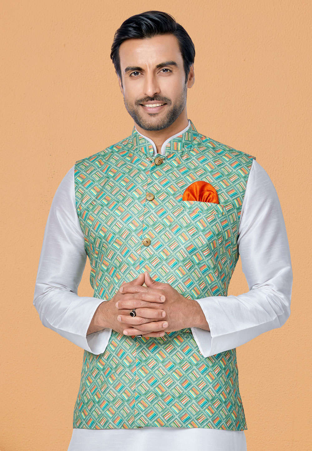 Green Cotton Nehru Jacket 286780