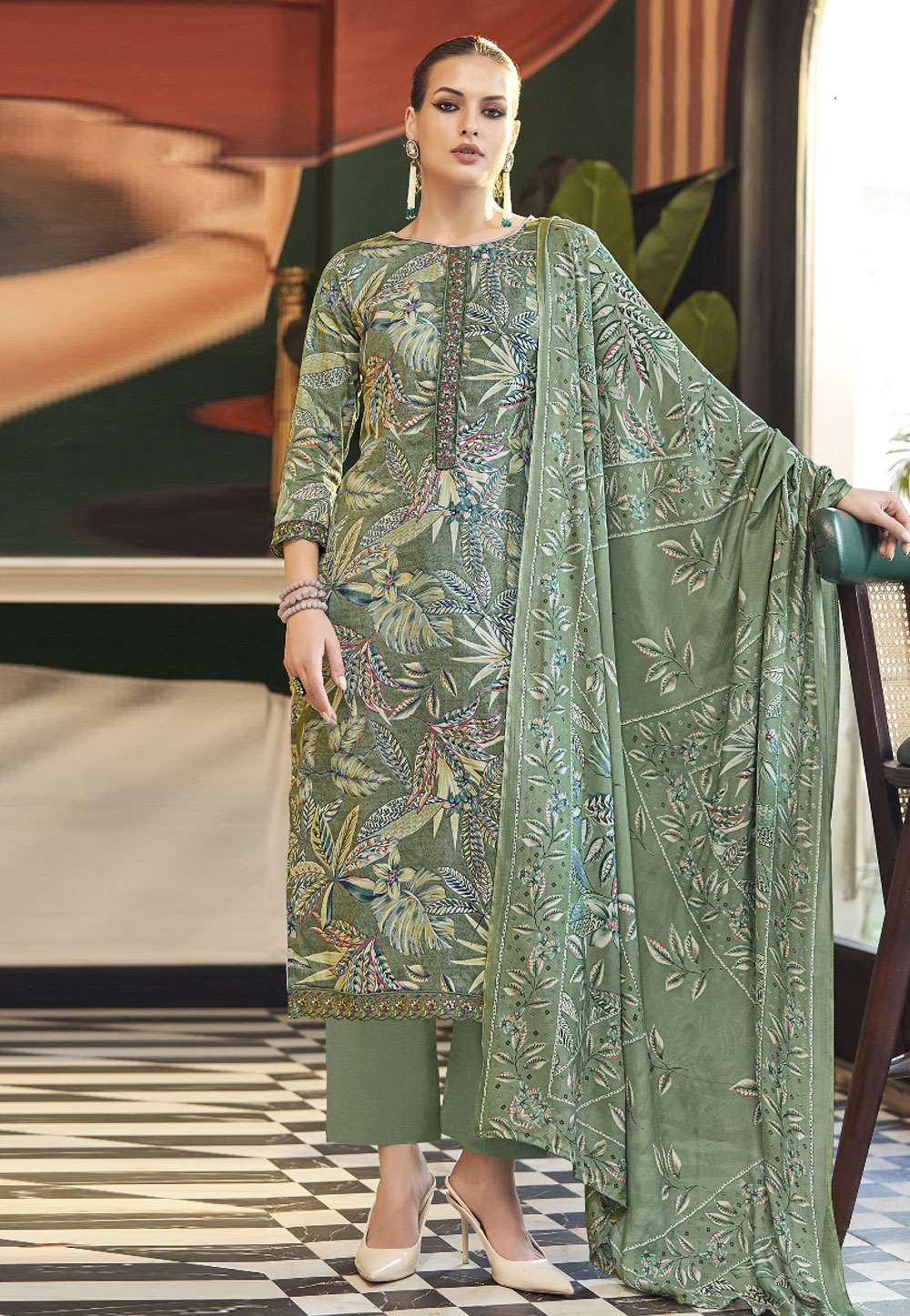 Green Cotton Palazzo Suit 284970