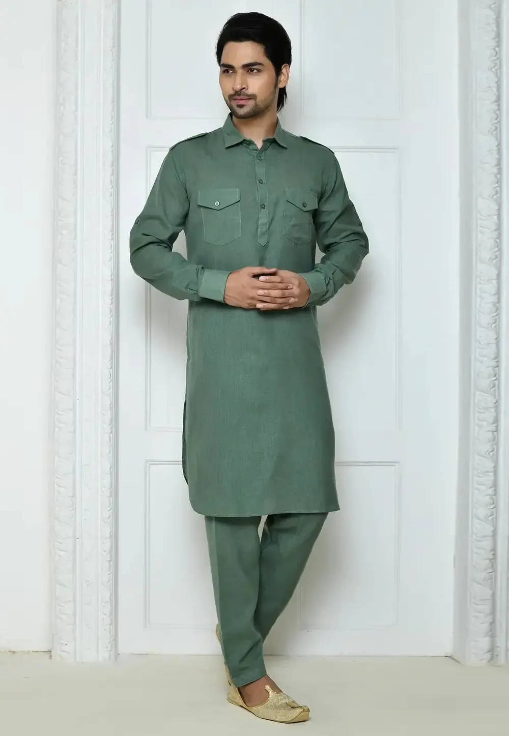 Green Cotton Pathani Suit 300720