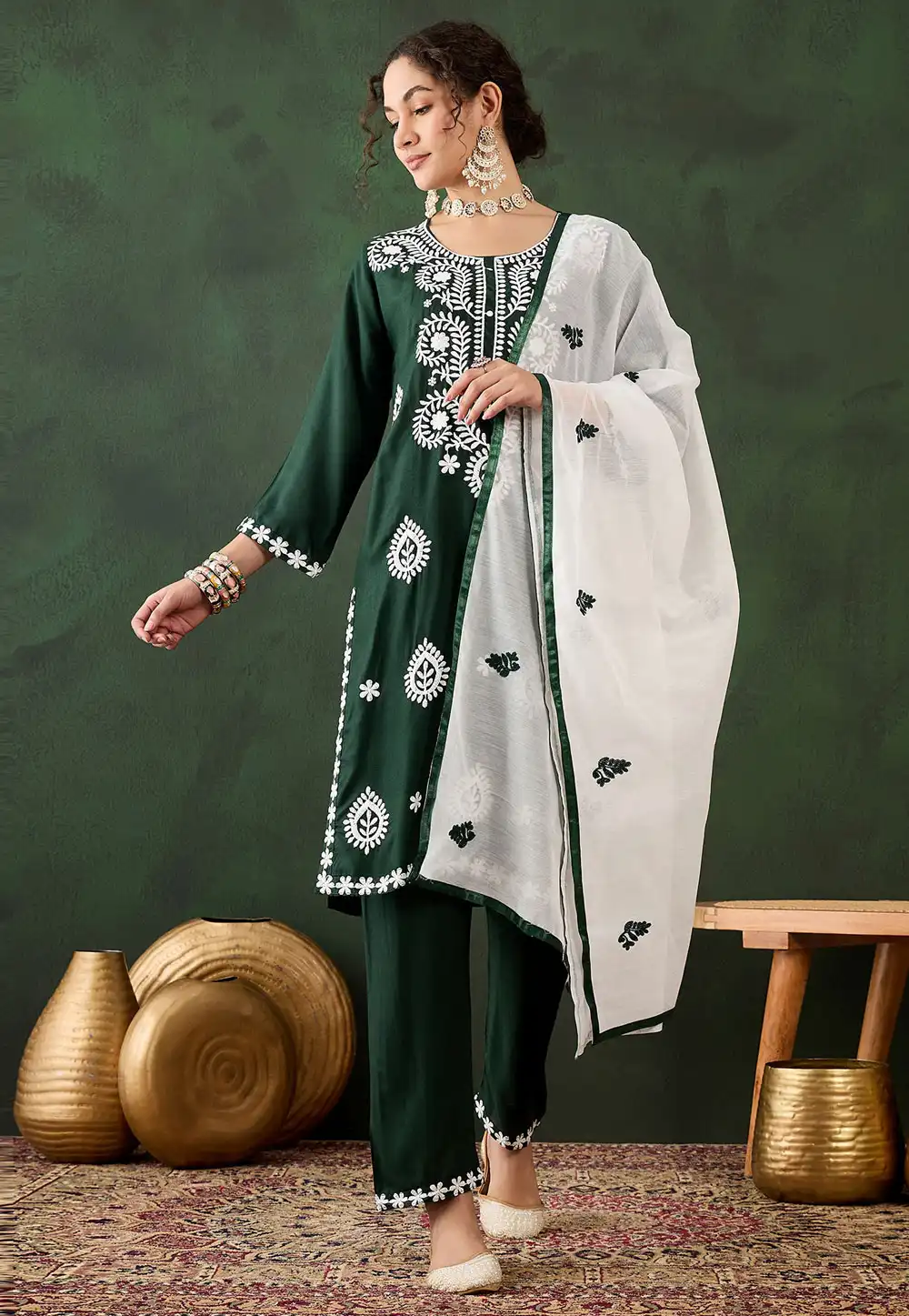 Green Cotton Rayon Readymade Pakistani Suit 294390