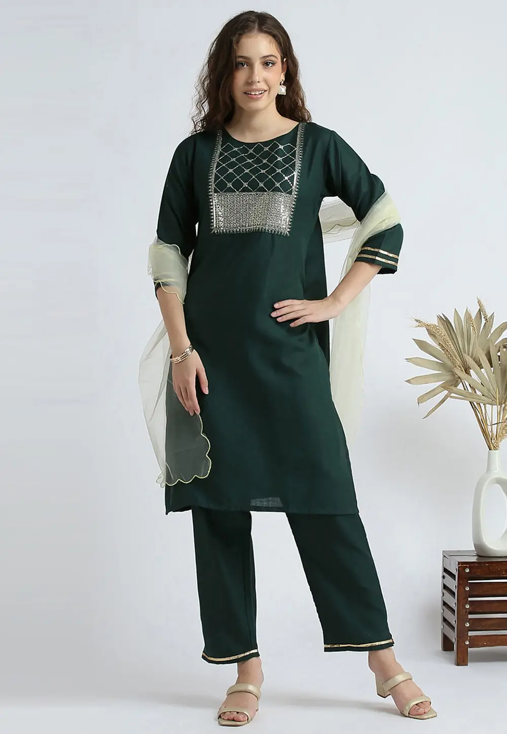 Green Cotton Readymade Pakistani Suit 301170