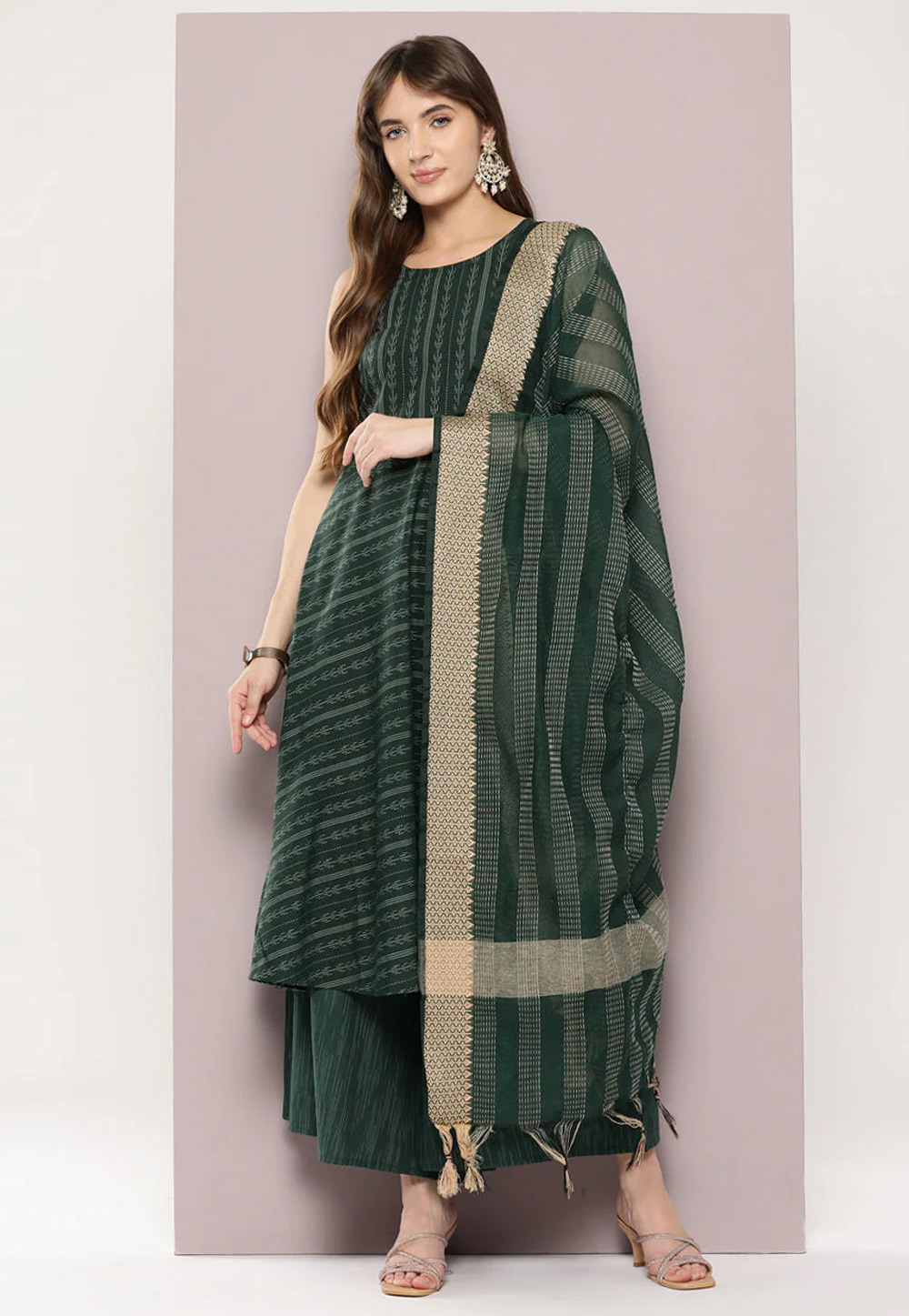 Green Cotton Readymade Pakistani Suit 286480