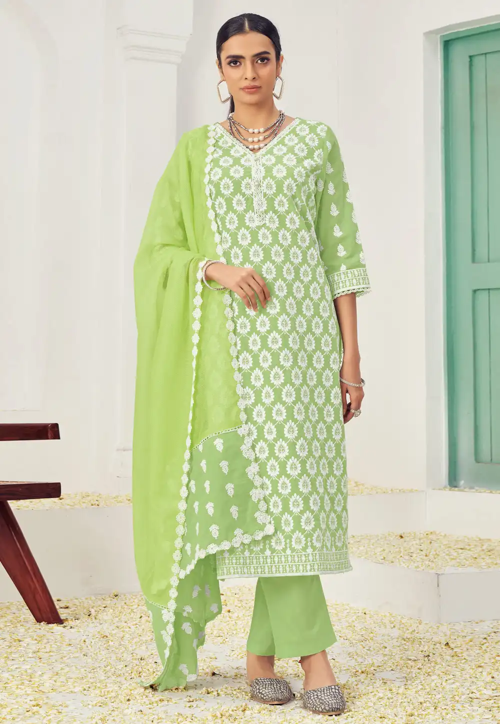 Green Cotton Readymade Pakistani Suit 288488