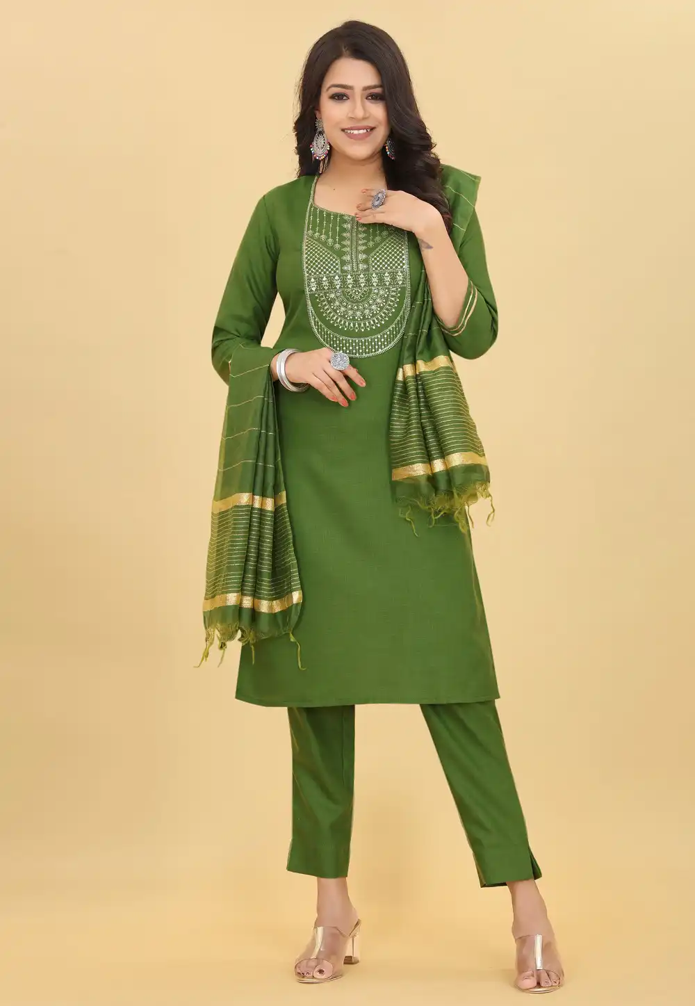 Green Cotton Readymade Pakistani Suit 288496