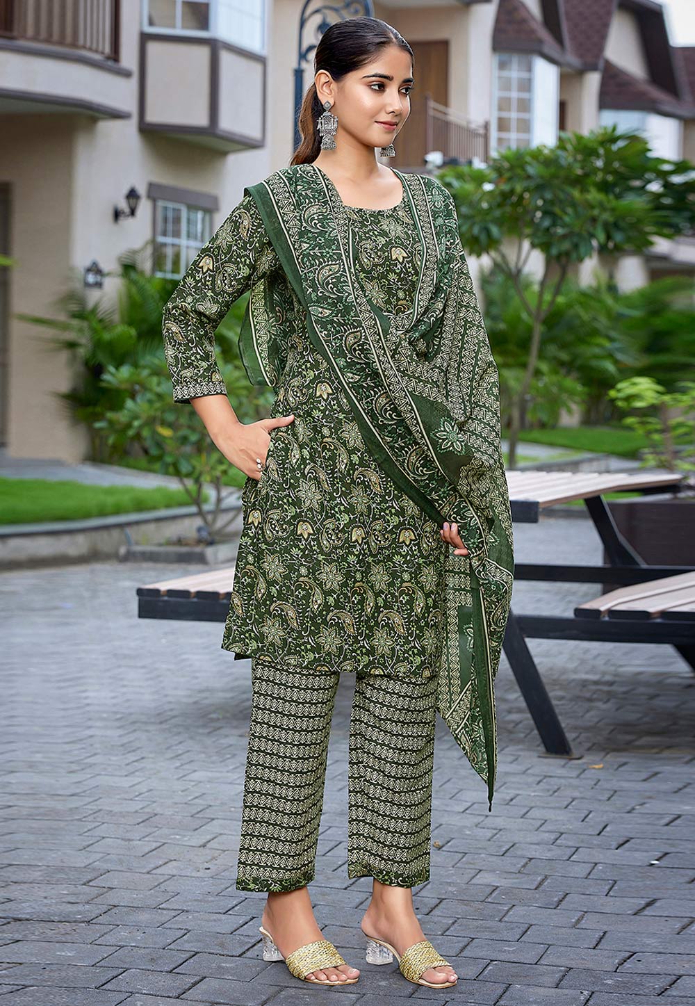 Green Cotton Readymade Pakistani Suit 305871