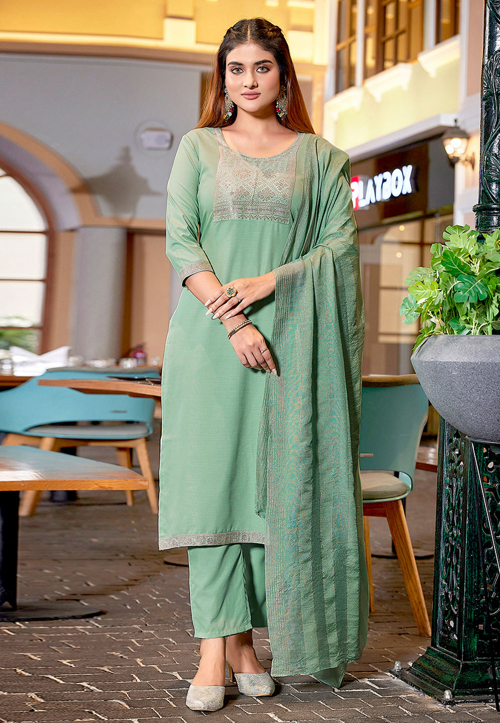 Green Cotton Readymade Pakistani Suit 305877