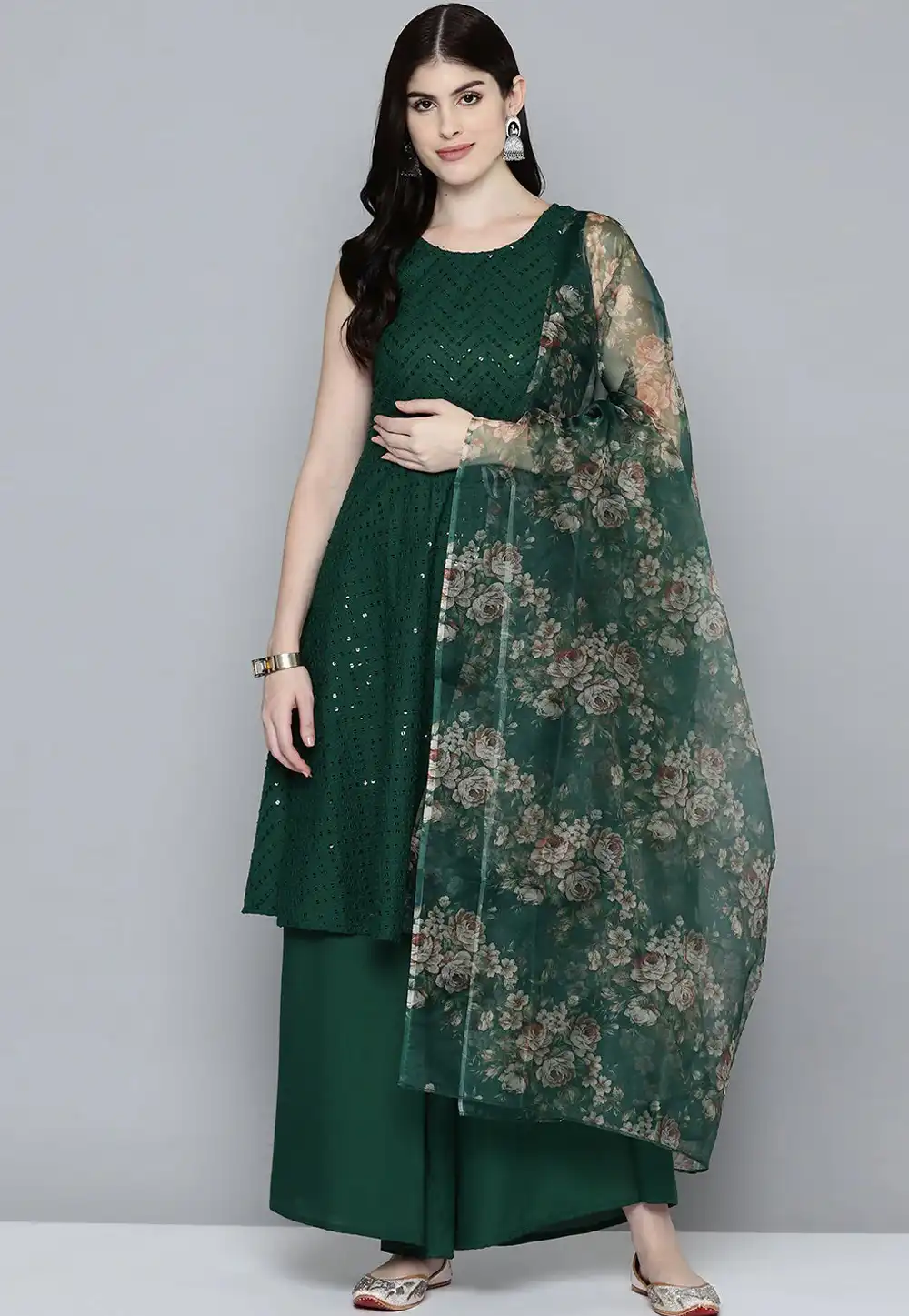 Green Cotton Readymade Palazzo Suit 288471