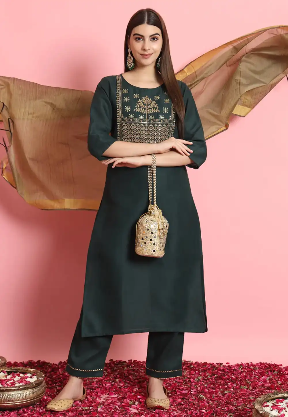 Green Cotton Readymade Pant Style Suit 289456