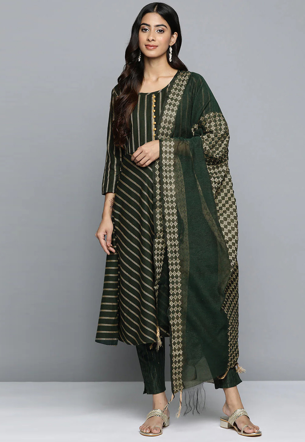 Green Cotton Readymade Pant Style Suit 286476