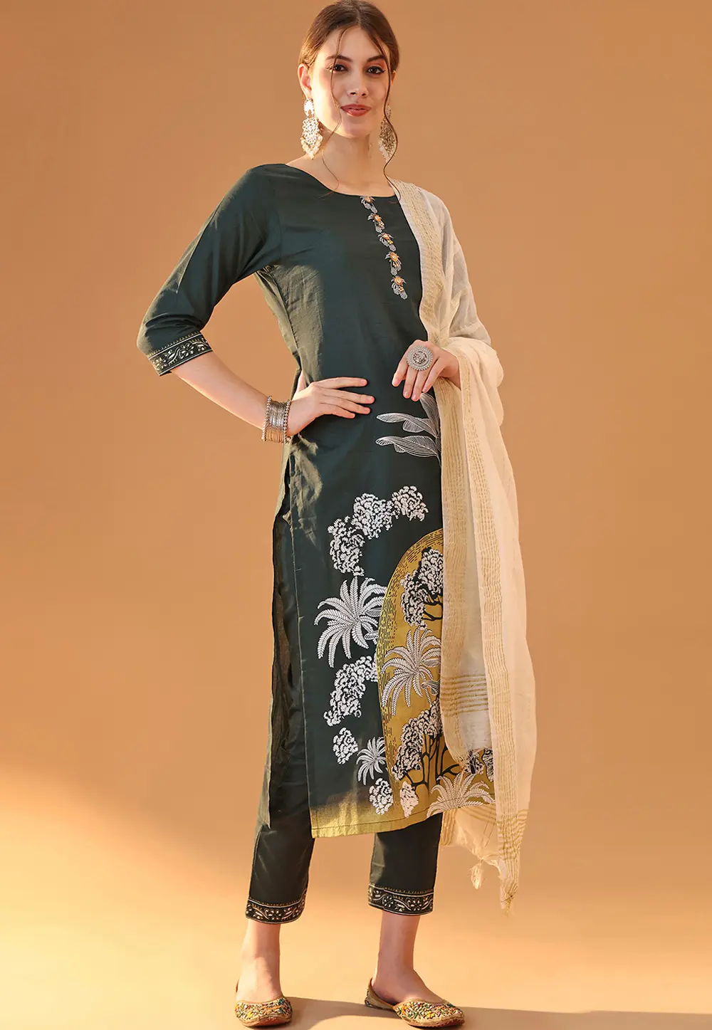 Green Cotton Readymade Pant Style Suit 301906