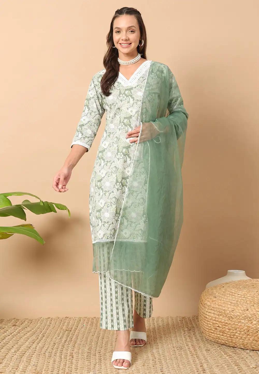 Green Cotton Readymade Pant Style Suit 291866