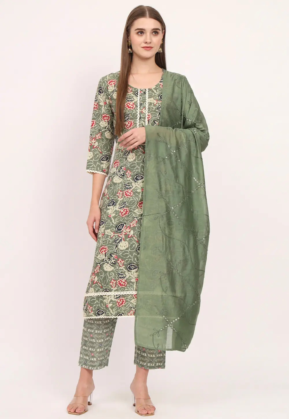 Green Cotton Readymade Pant Style Suit 300378