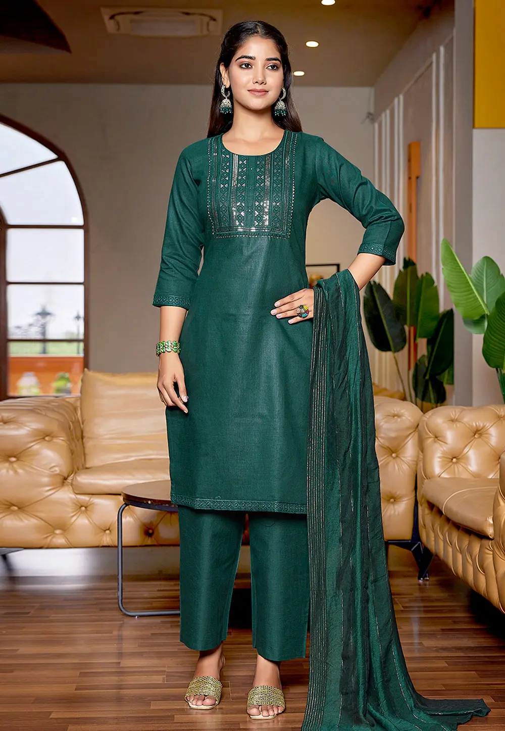 Green Cotton Readymade Pant Style Suit 303210