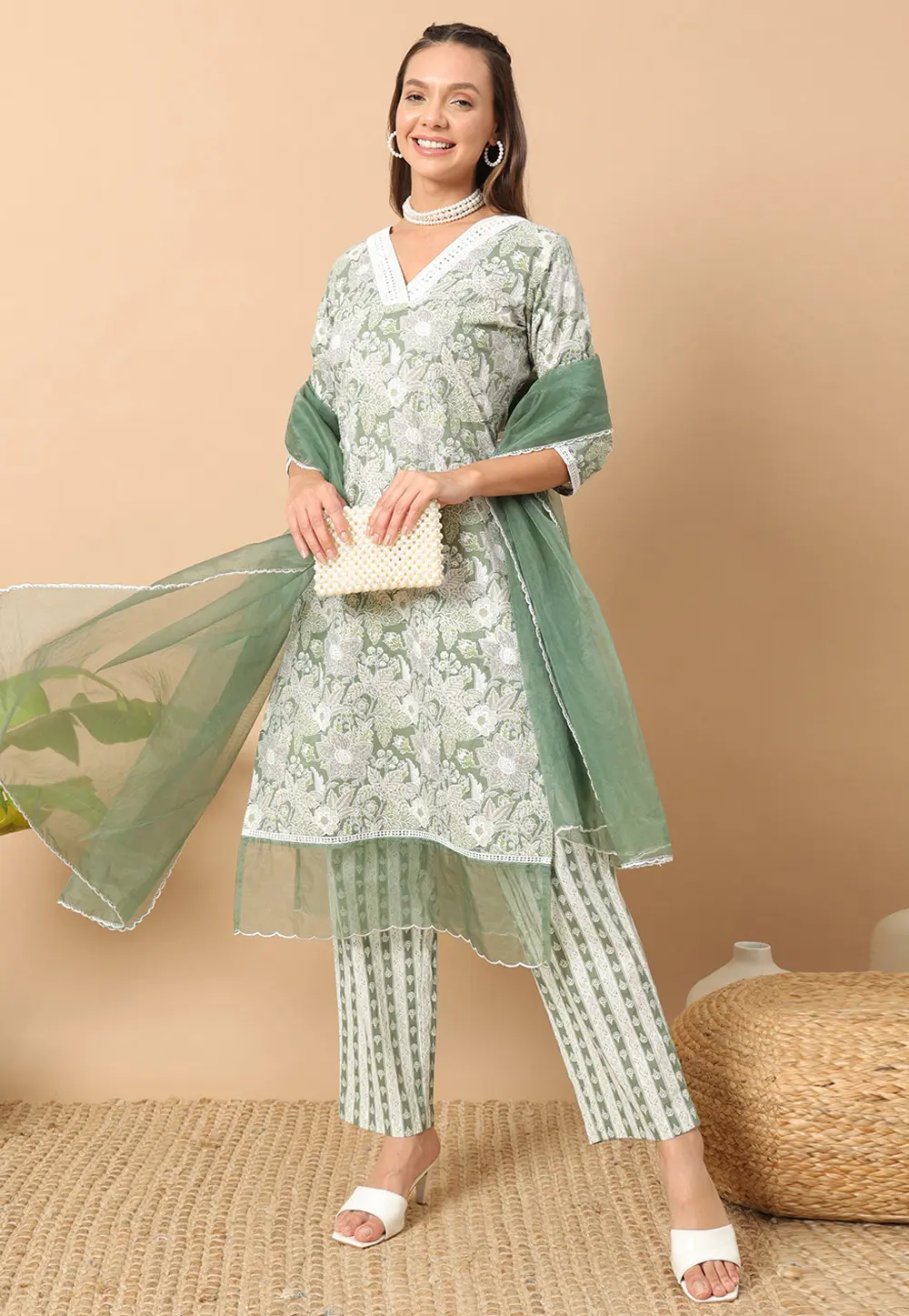 Green Cotton Readymade Pant Style Suit 301369