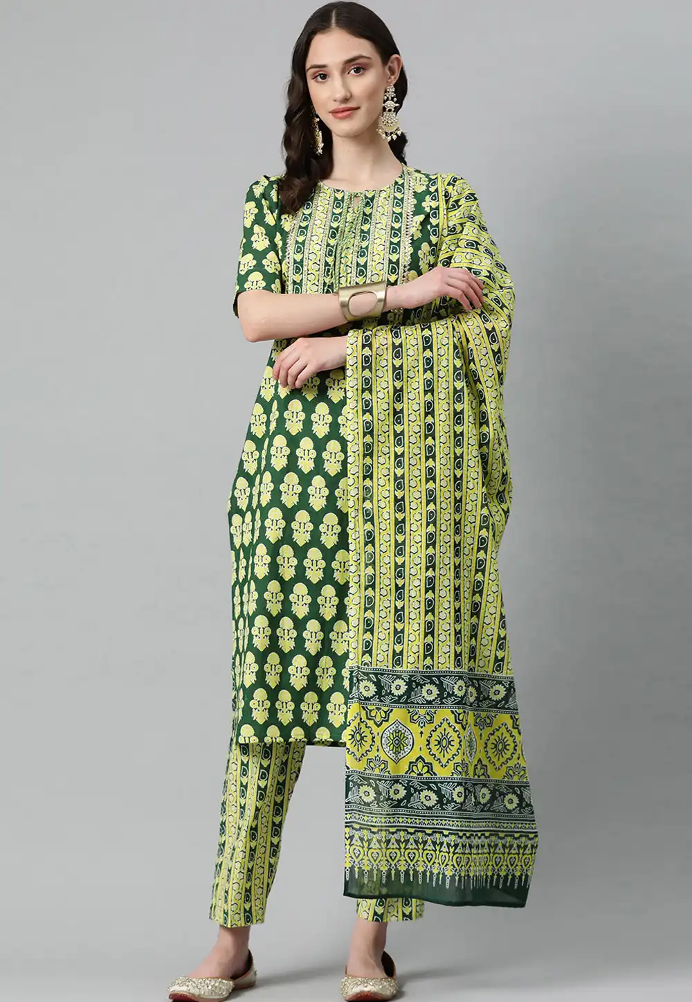 Green Cotton Readymade Pant Style Suit 292659