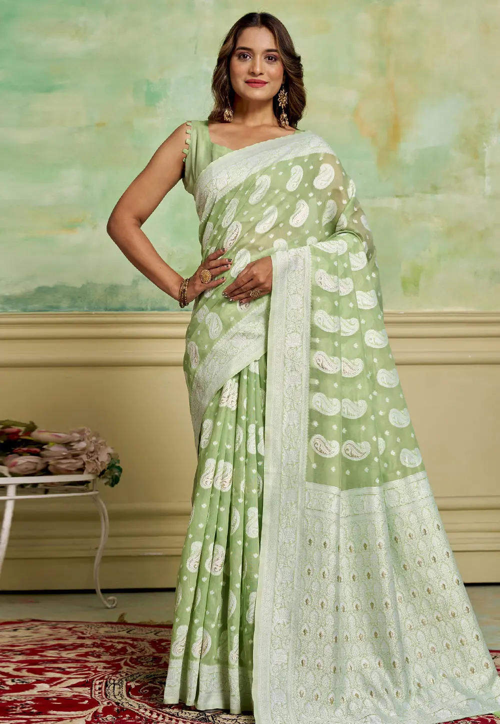 Green Cotton Saree With Blouse 301232