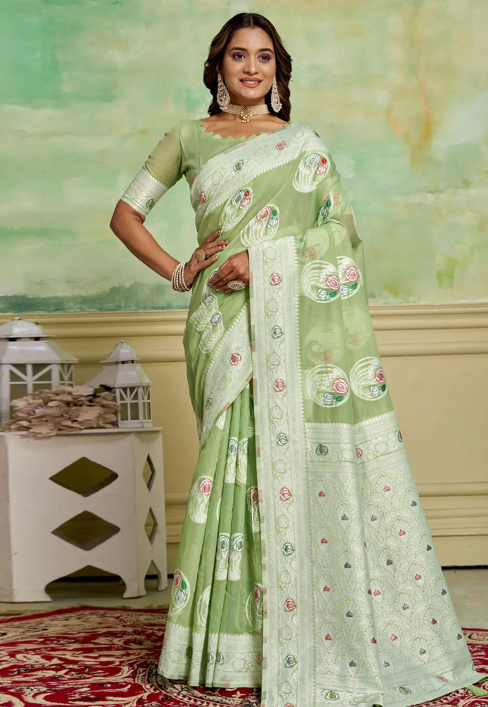 Green Cotton Saree With Blouse 301235