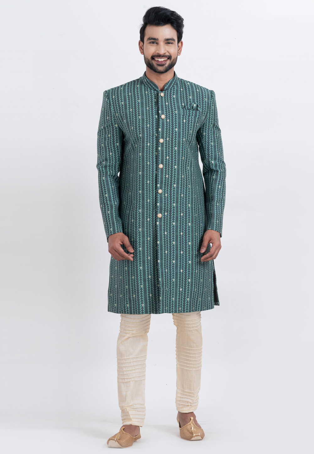 Green Cotton Silk Indo Western Suit 310265