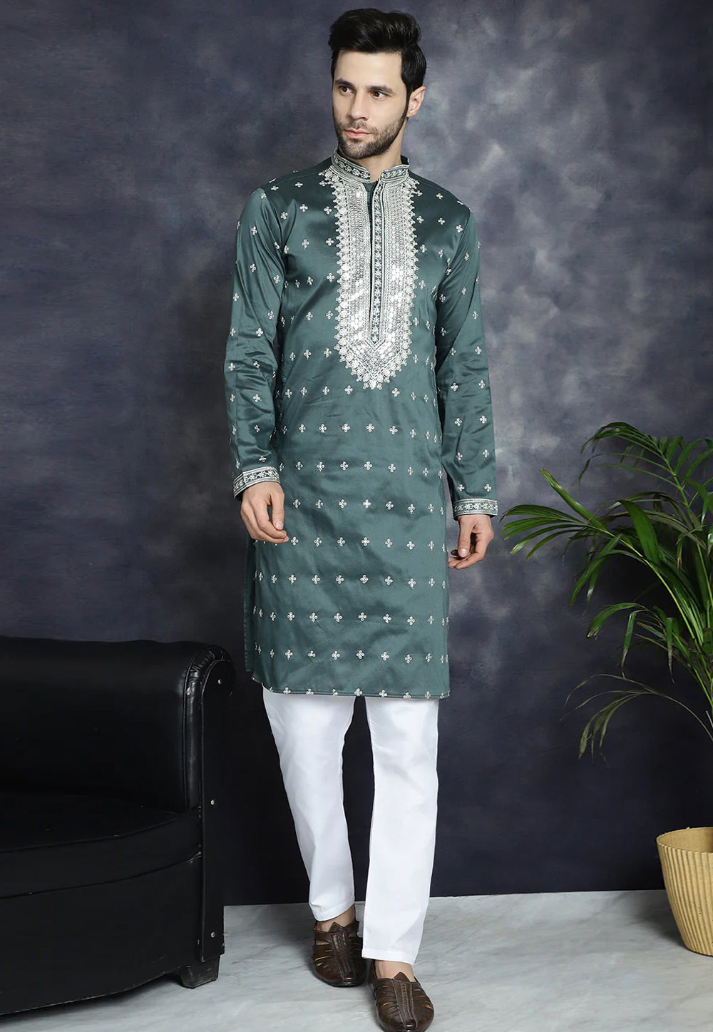 Green Cotton Silk Kurta Pajama 287495