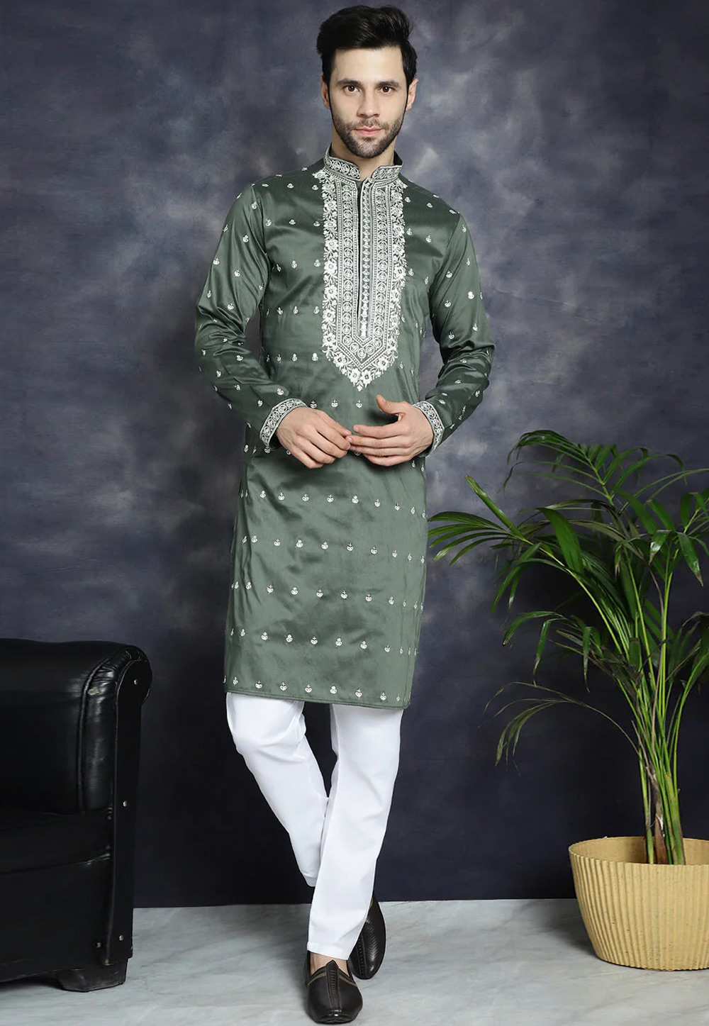 Green Cotton Silk Kurta Pajama 287497