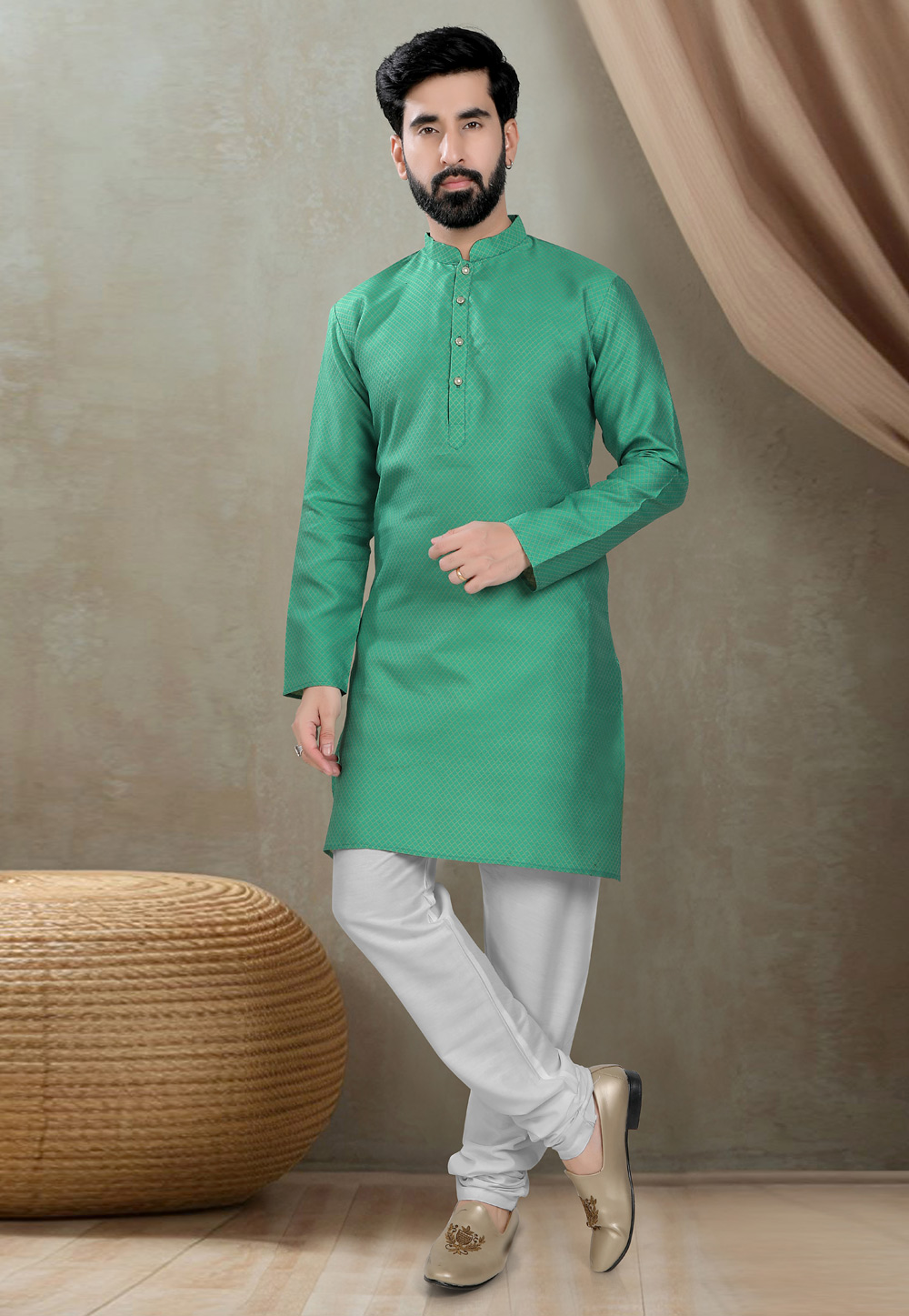 Green Cotton Silk Kurta Pajama 310809