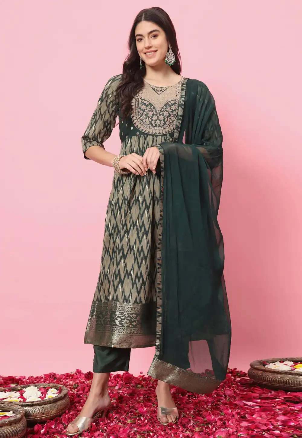 Green Cotton Silk Readymade Pakistani Suit 289360