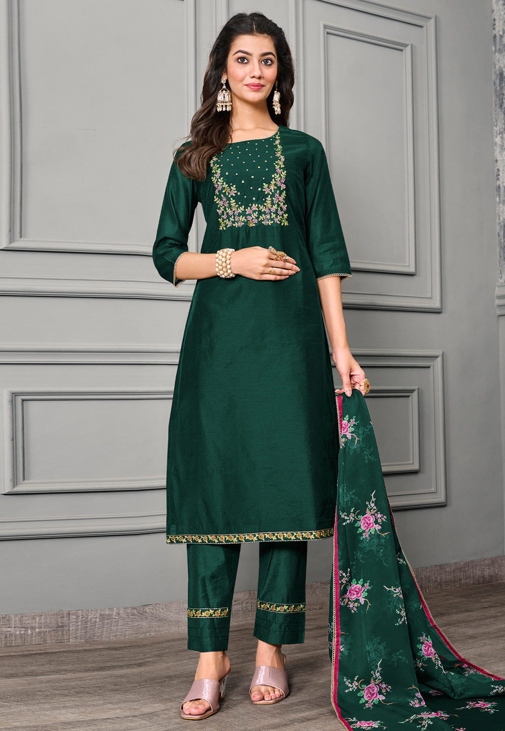 Green Cotton Silk Readymade Pakistani Suit 282009