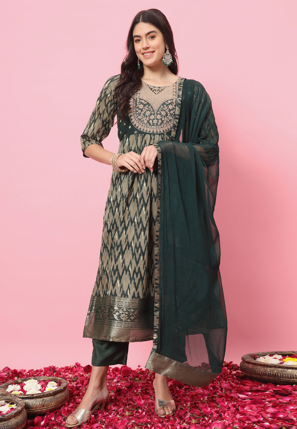 Green Cotton Silk Readymade Pakistani Suit 310035