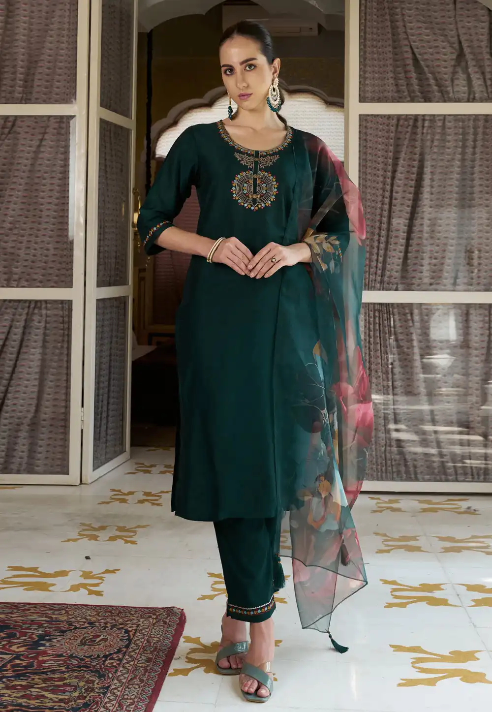 Green Cotton Silk Readymade Pant Style Suit 289370