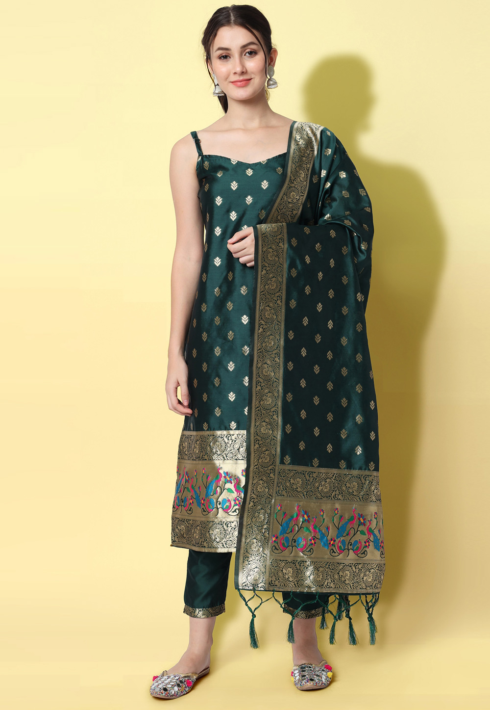 Green Cotton Silk Readymade Pant Style Suit 310188