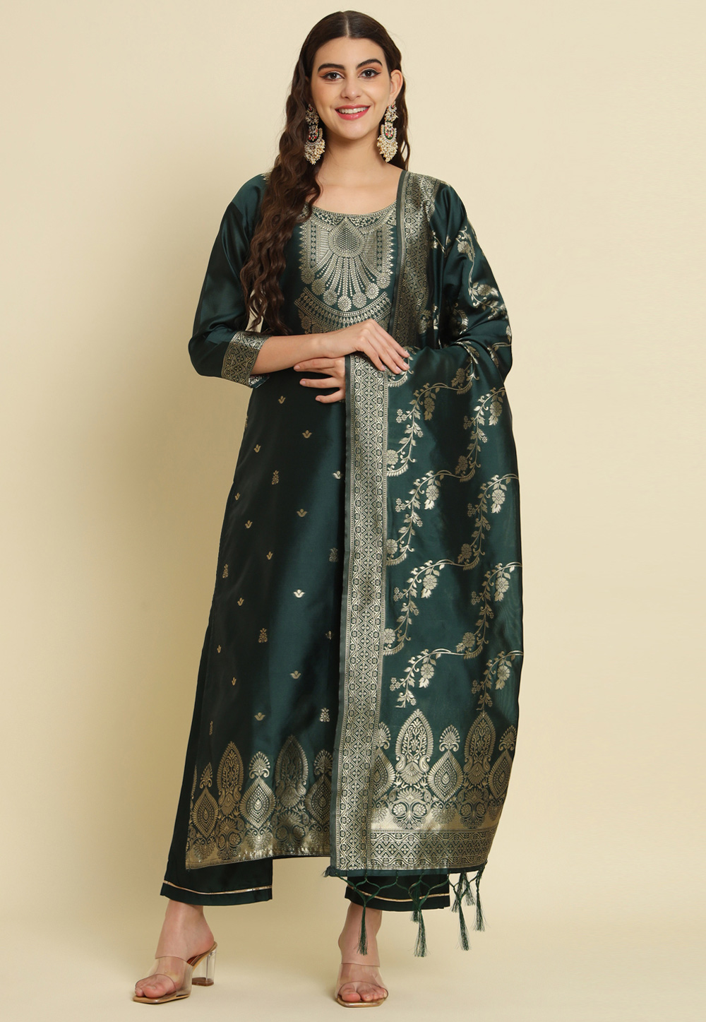Green Cotton Silk Readymade Pant Style Suit 310607