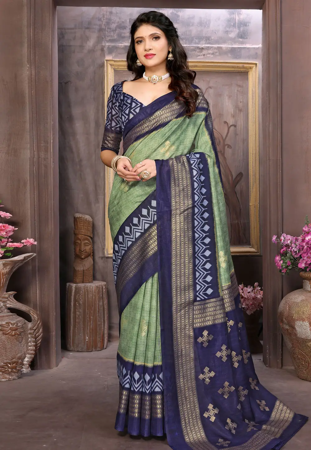 Green Cotton Silk Saree With Blouse 296253