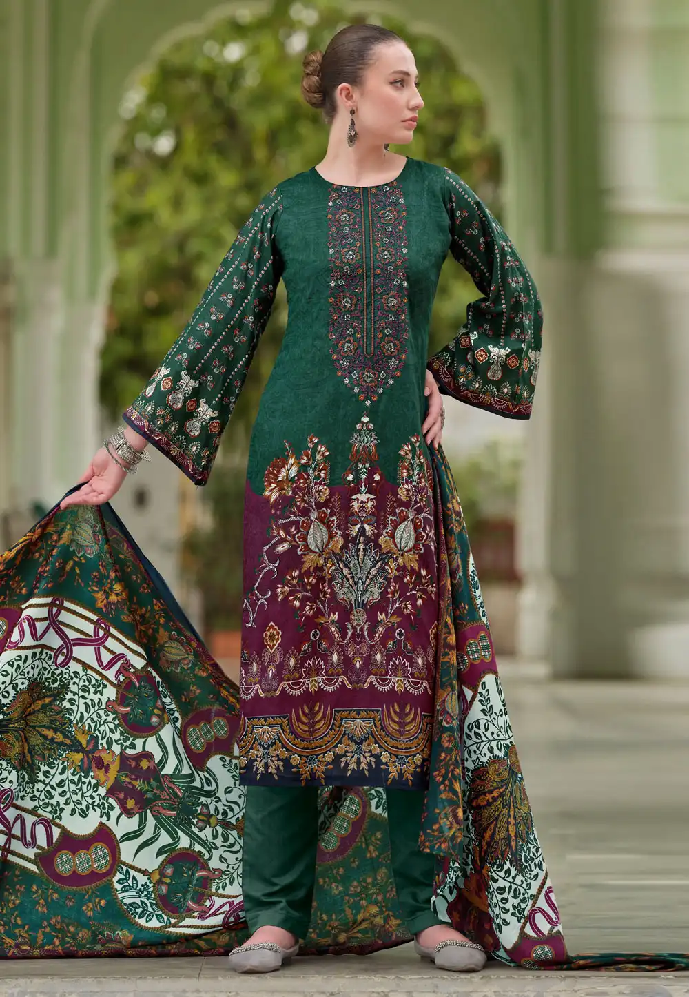 Green Cotton Straight Suit 290742